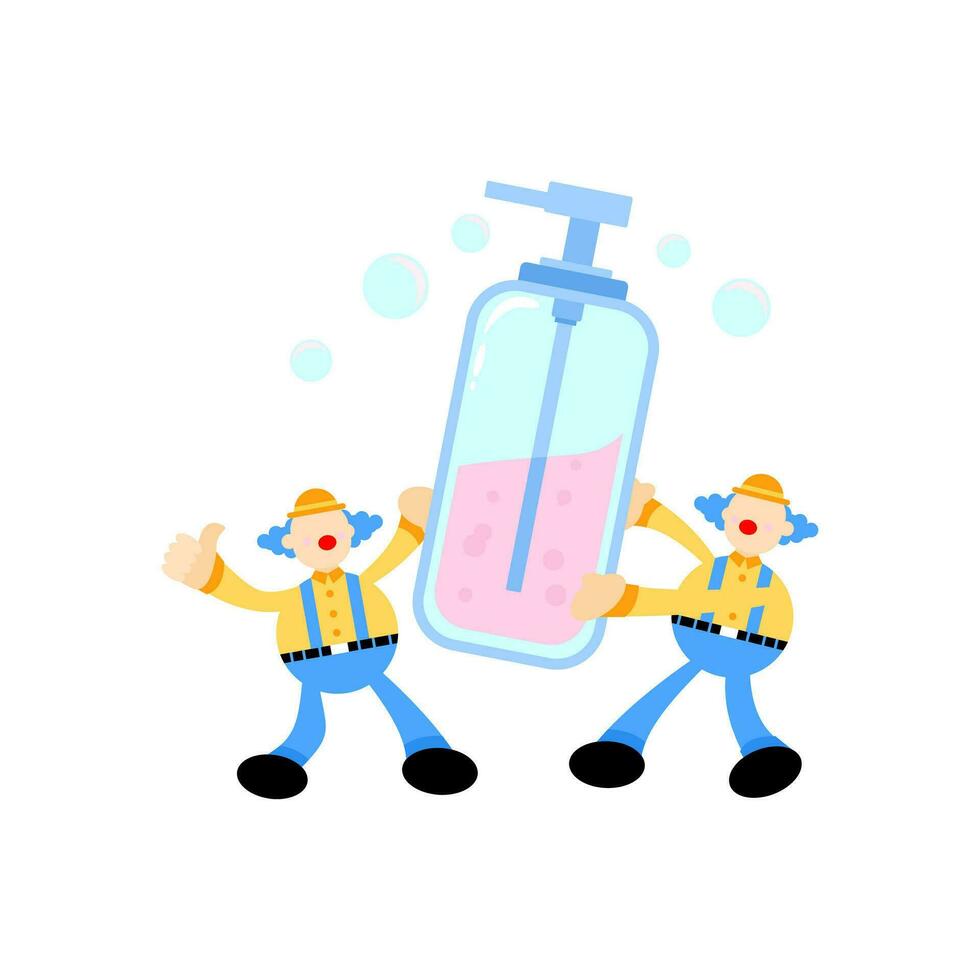 fun clown and soap sanitizer hygene cartoon flat design illustration vector