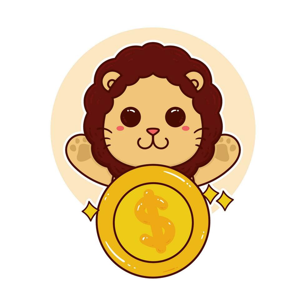 happy cute lion and money coin adorable cartoon doodle vector