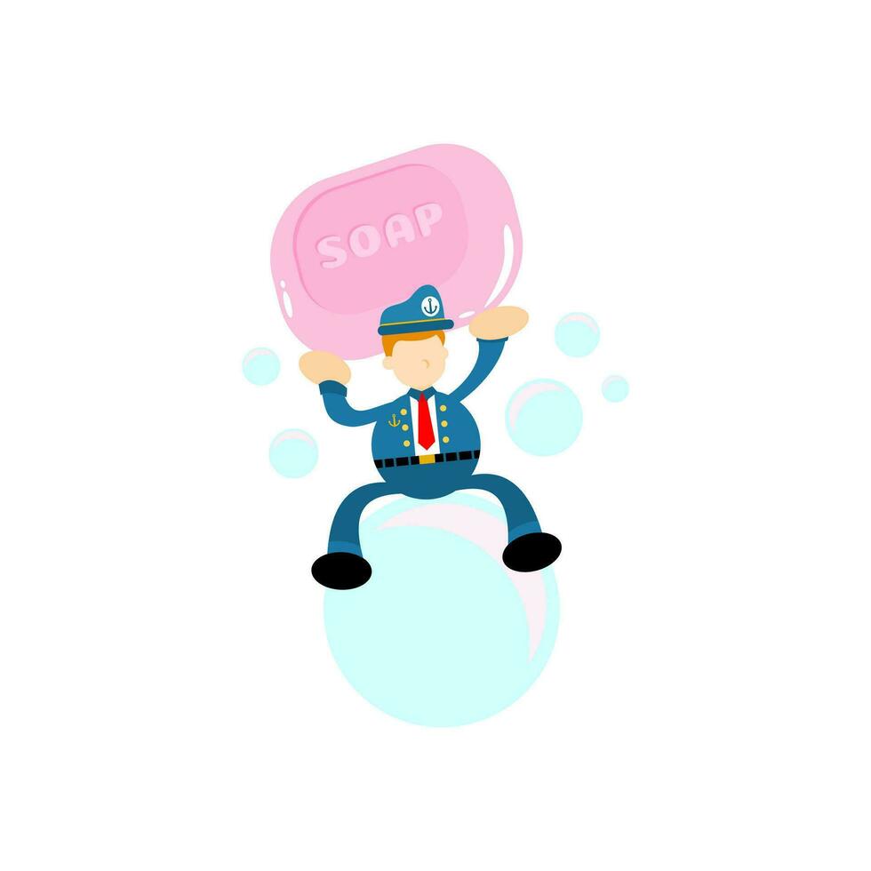 sailor and soap sanitizer hygene cartoon flat design illustration vector