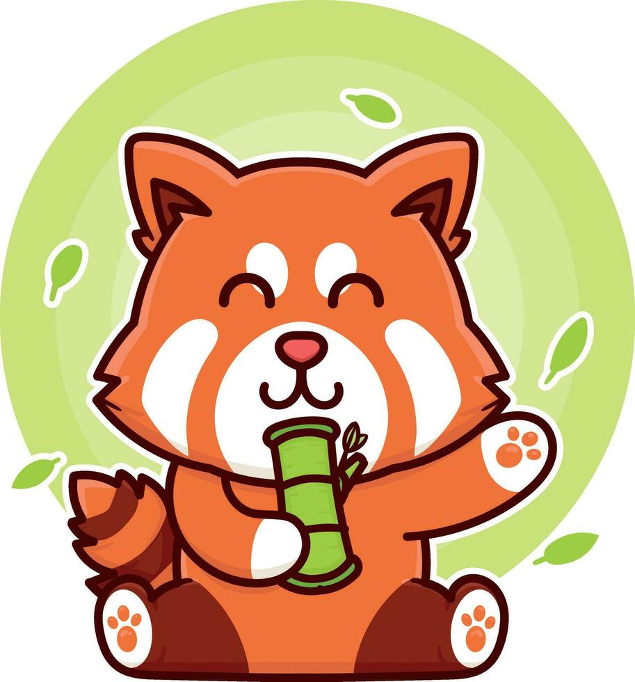 happy red panda eat bamboo adorable cartoon doodle vector illustration flat design style