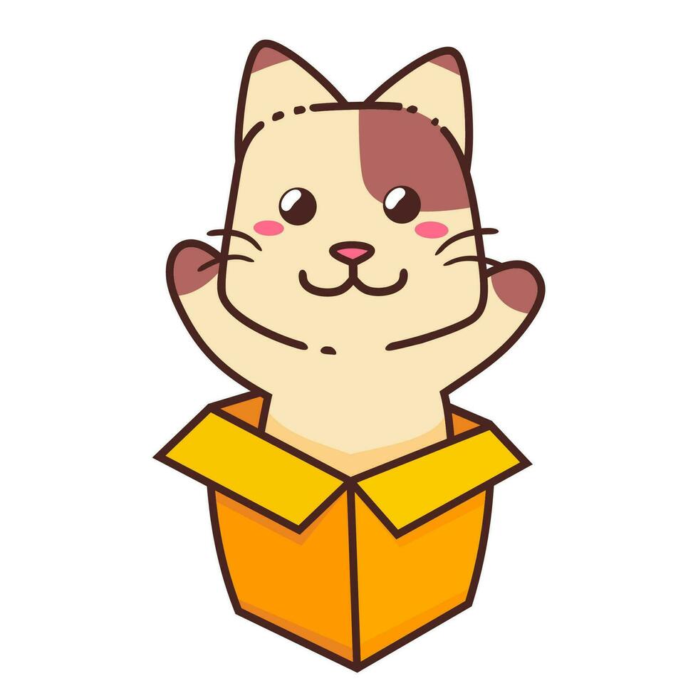 linda adorable contento marrón gato sorpresa naranja amarillo caja dibujos animados garabatear vector ilustración plano diseño estilo