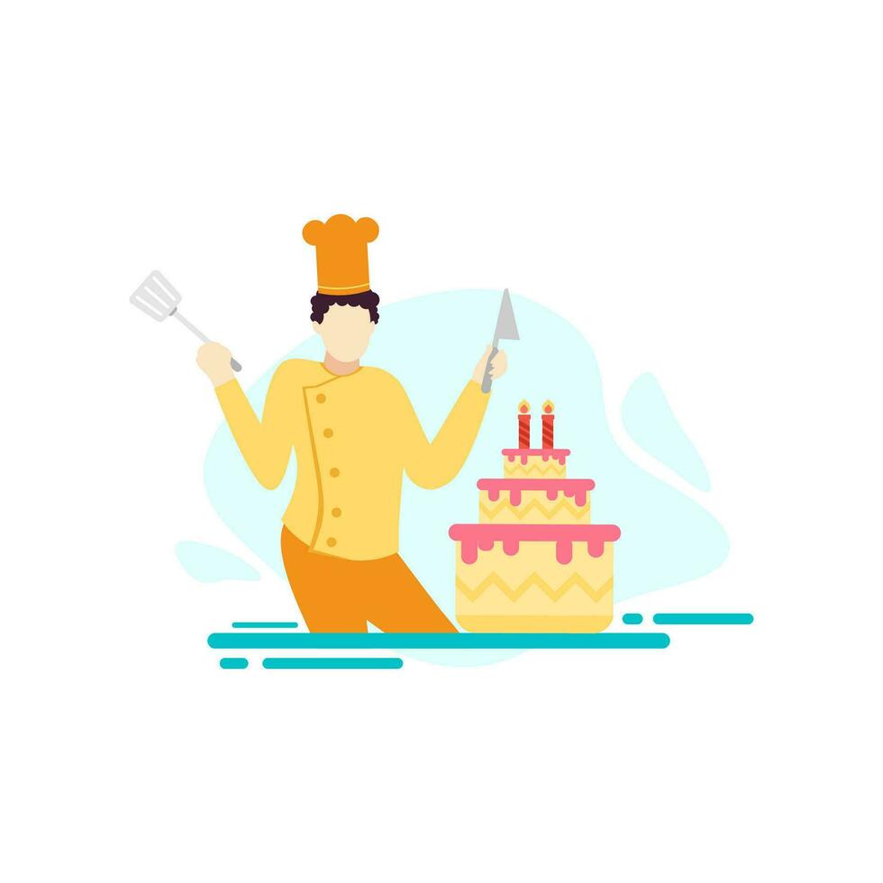 chef cook birthday cake people character flat design vector illustration