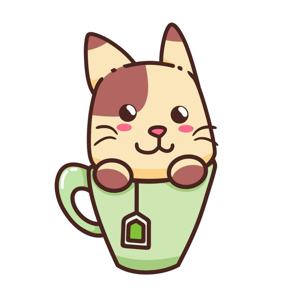 Cute Adorable Happy Brown Cat Stay on Green Mug With Tea cartoon doodle vector illustration flat design style