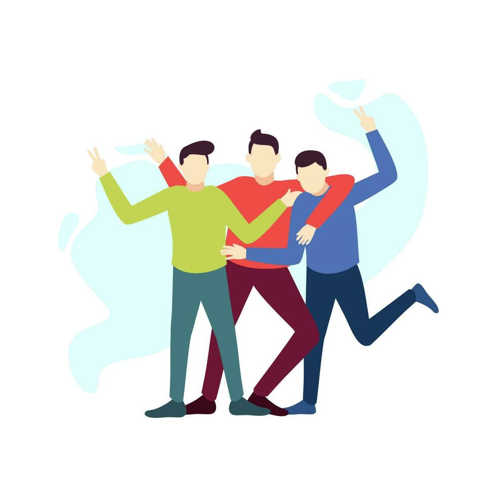 Tres hombre son abrazando cada otro amigo fiesta personas personaje plano diseño vector ilustración