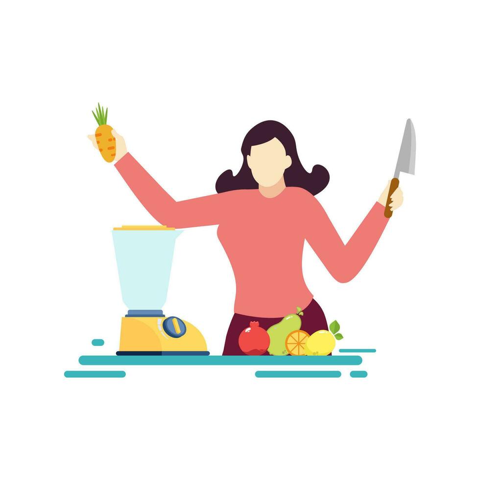 woman with blender and fruit juice drink people character flat design vector illustration