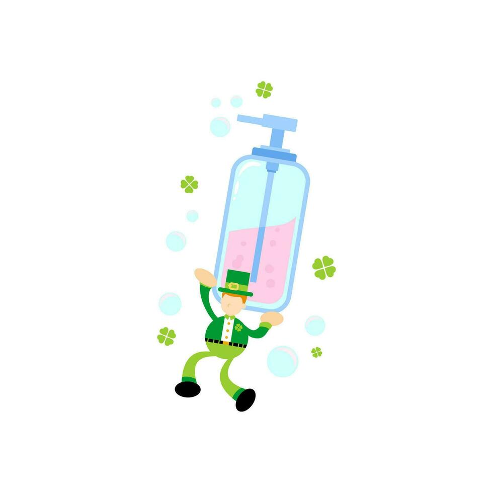 verde duende y jabón desinfectante higiene dibujos animados plano diseño ilustración vector