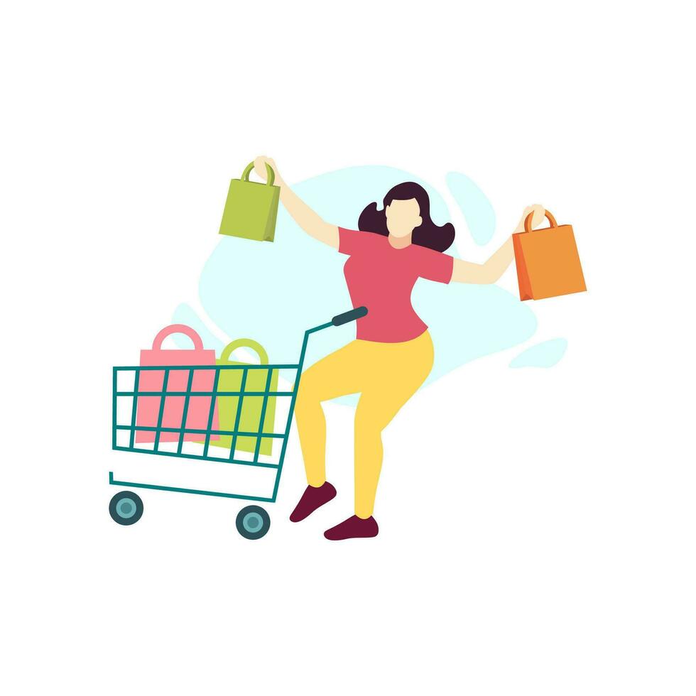 contento mujer compras carro carretilla personas personaje plano diseño vector ilustración