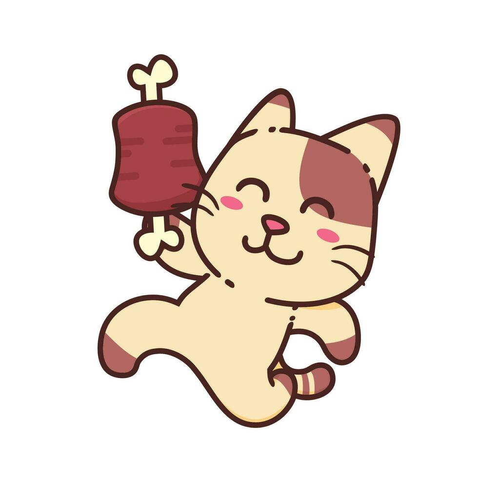 linda adorable contento marrón gato correr comer carne de vaca carne personaje dibujos animados garabatear vector ilustración plano diseño estilo