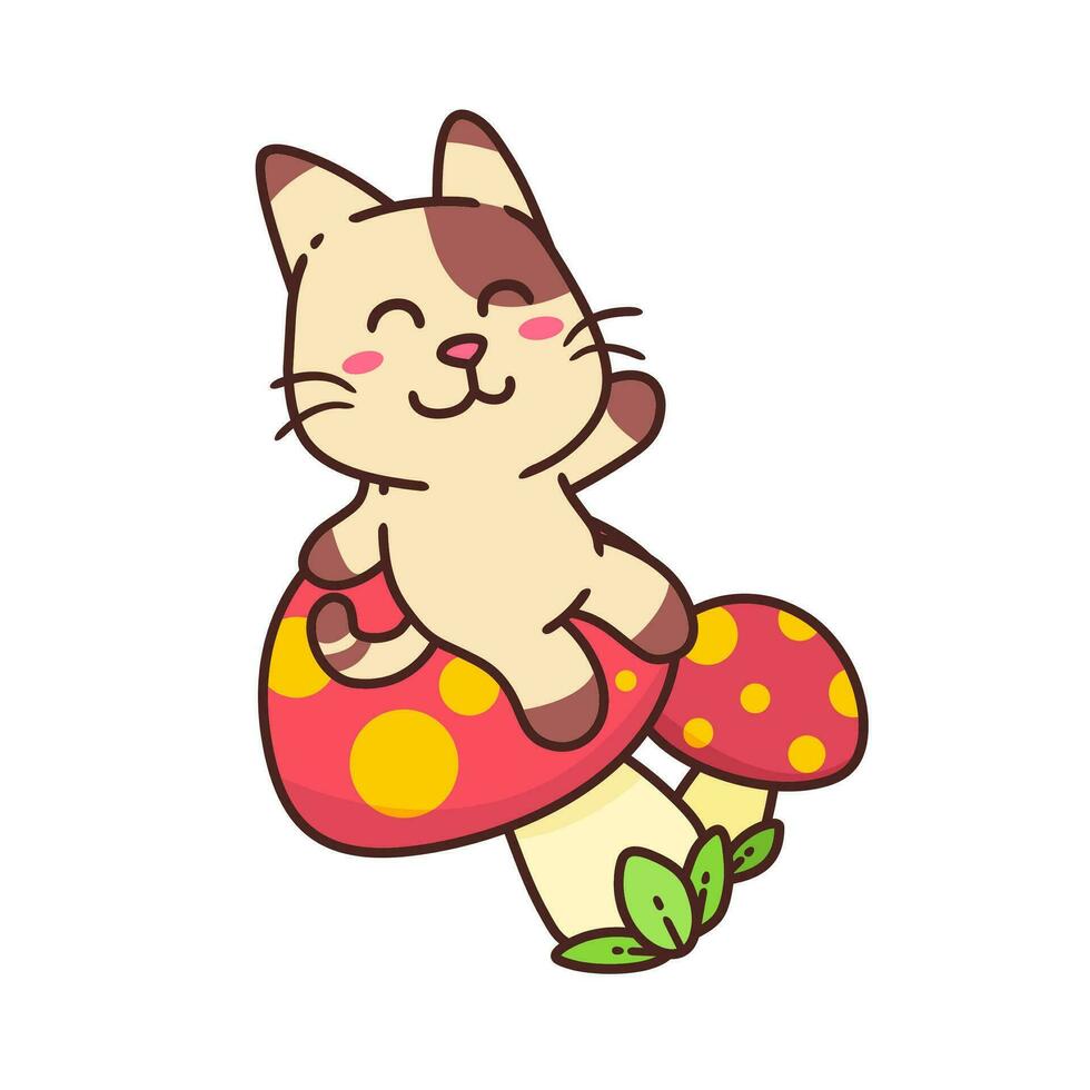 Cute Adorable Happy Brown Cat Fantasy Sit on Red Magic Mushroom cartoon doodle vector illustration flat design style