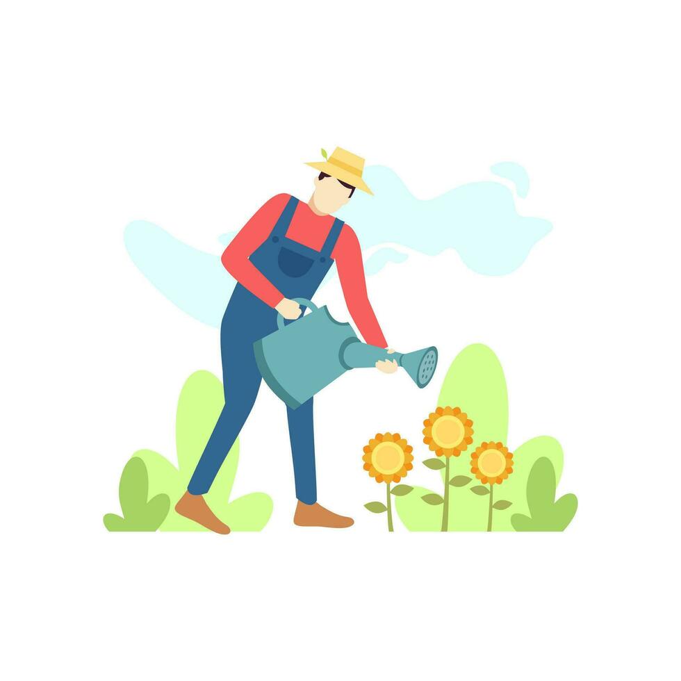 granjero hombre riego girasol plantas agricultura personas personaje plano diseño vector ilustración