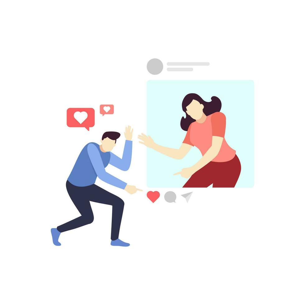 man give like love on woman post social media online people character flat design vector illustration