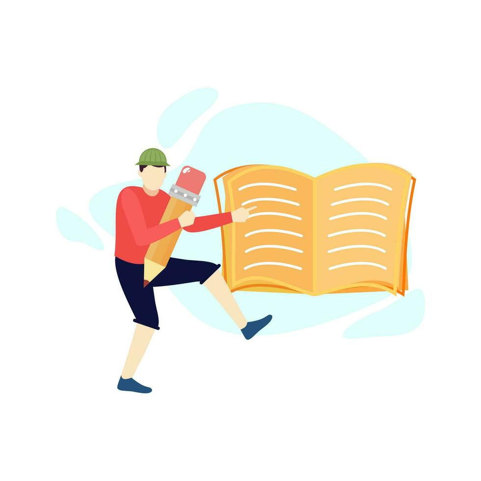 Young man writing in a big book education people character flat design vector illustration