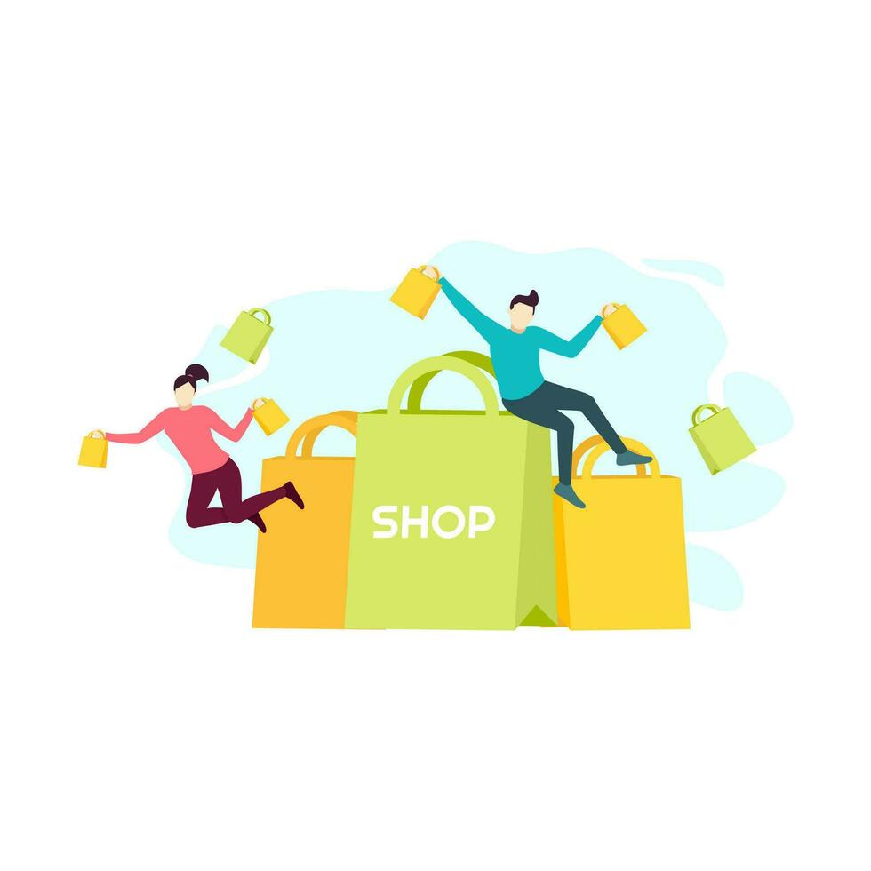 man and woman couple happy shopping people character flat design vector illustration