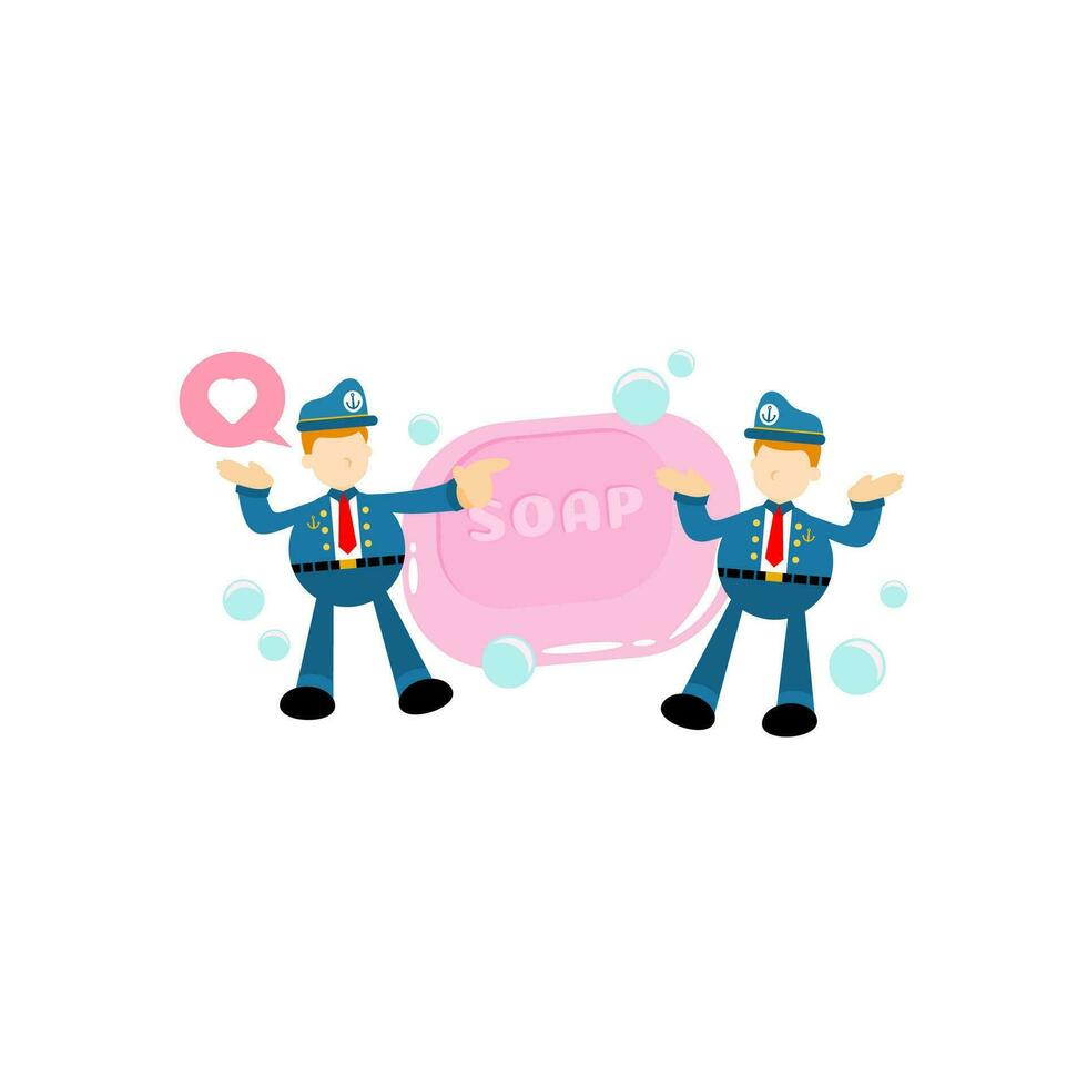 sailor and soap sanitizer hygene cartoon flat design illustration vector