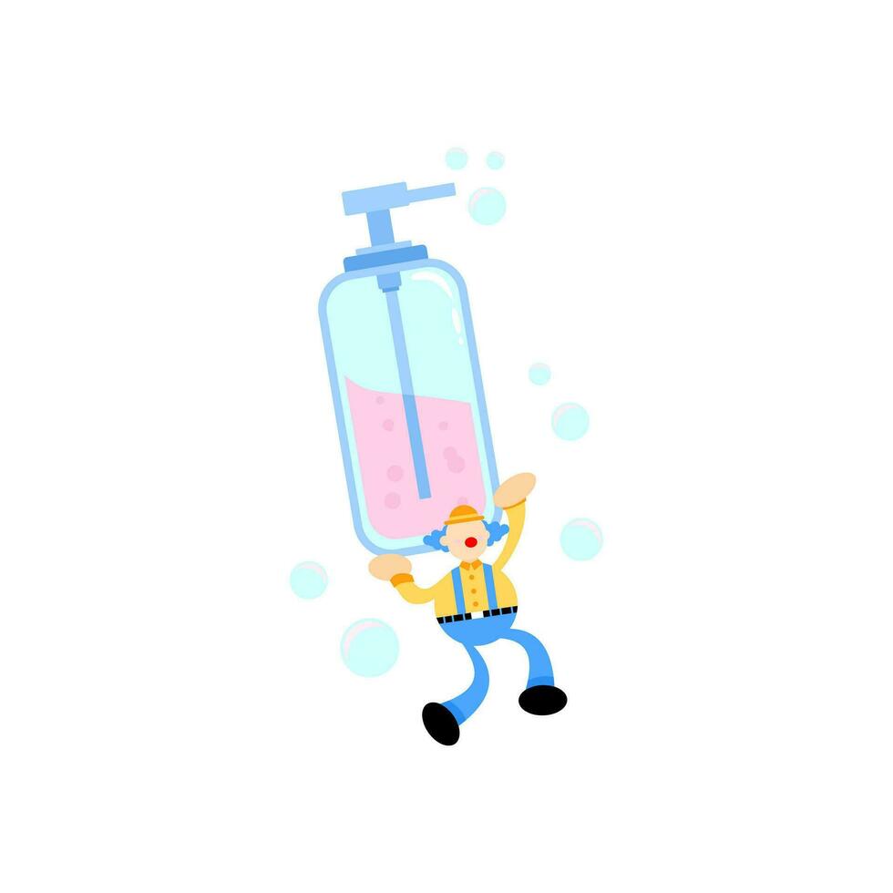 fun clown and soap sanitizer hygene cartoon flat design illustration vector