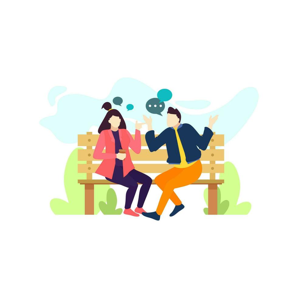man and woman couple talking about love on park benches people character flat design vector illustration