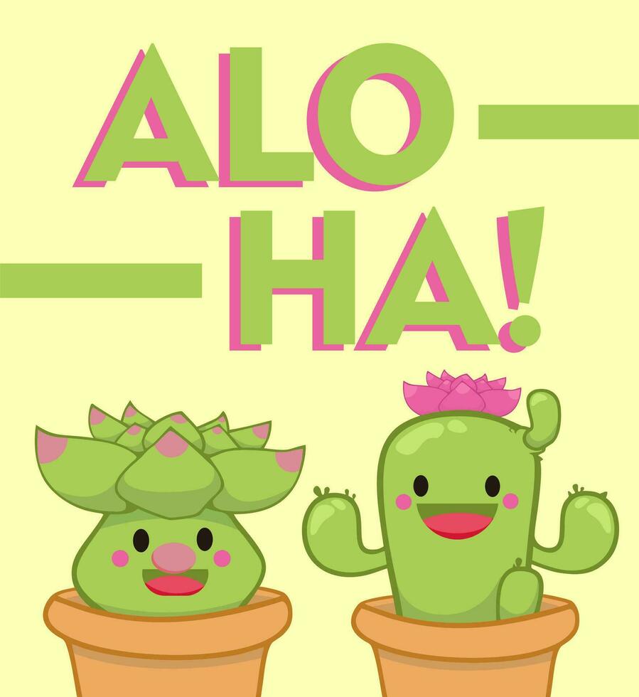 Cute succulent or cactus plant with happy face cartoon doodle vector illustration