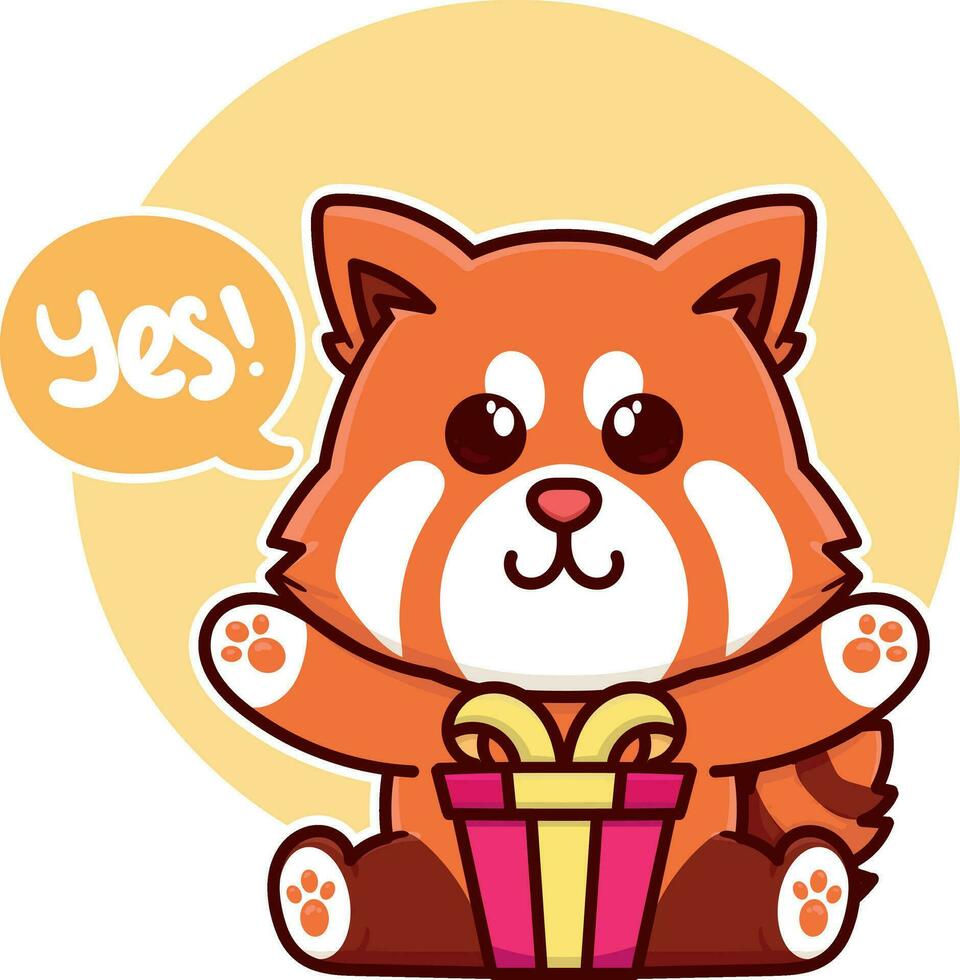 happy red panda and gift box birthday adorable cartoon doodle vector illustration flat design style