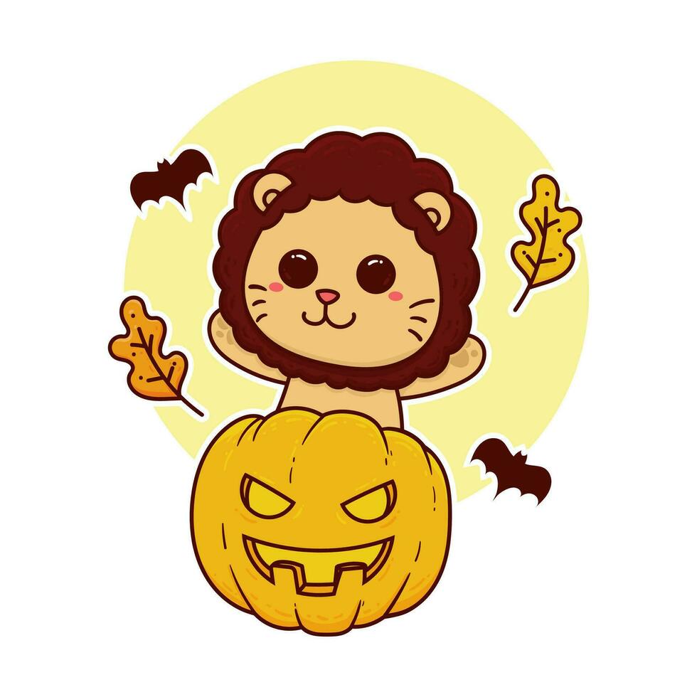 contento linda león calabaza Víspera de Todos los Santos evento adorable dibujos animados garabatear vector