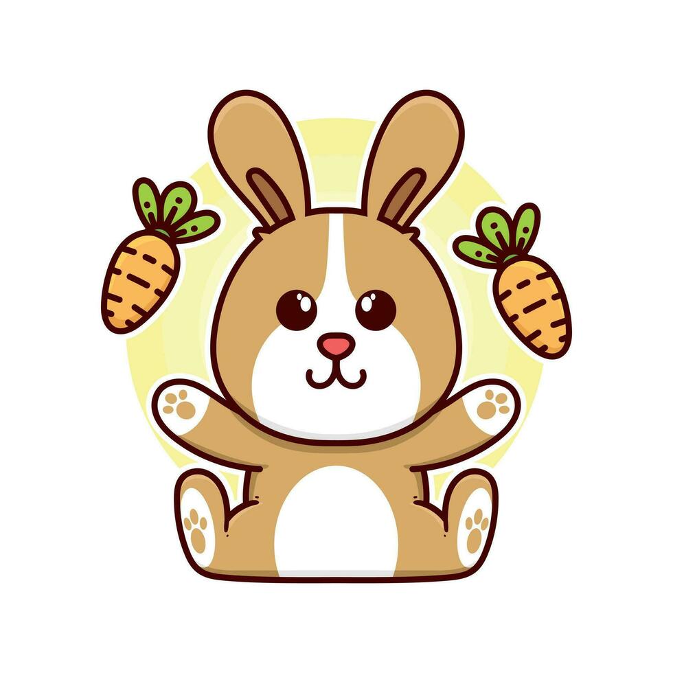 happy rabbit eat carrot adorable cartoon doodle vector illustration flat design style