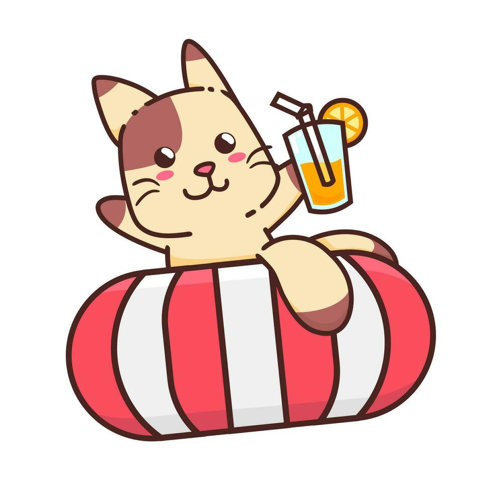 Cute Adorable Happy Brown Cat Drink Orange Juice On Floating Buoy cartoon doodle vector illustration flat design style