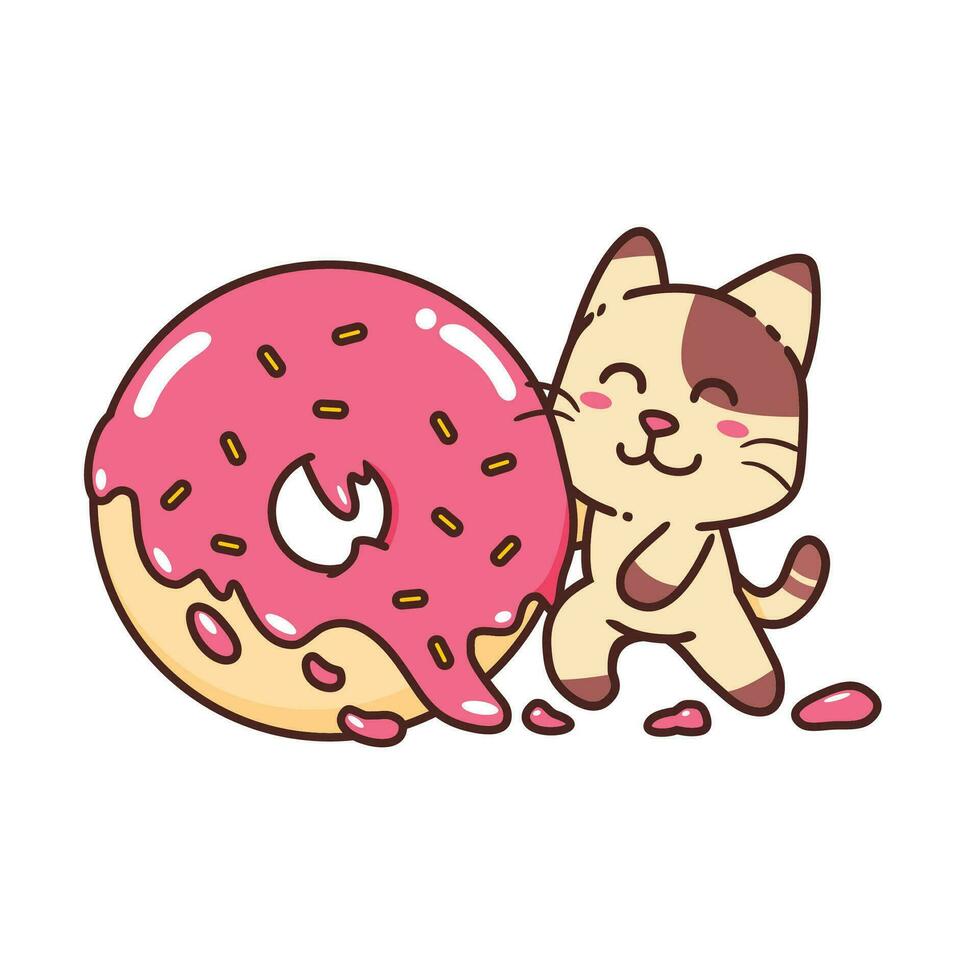 linda adorable contento marrón gato comer rosquilla con rosado crema dibujos animados garabatear vector ilustración plano diseño estilo