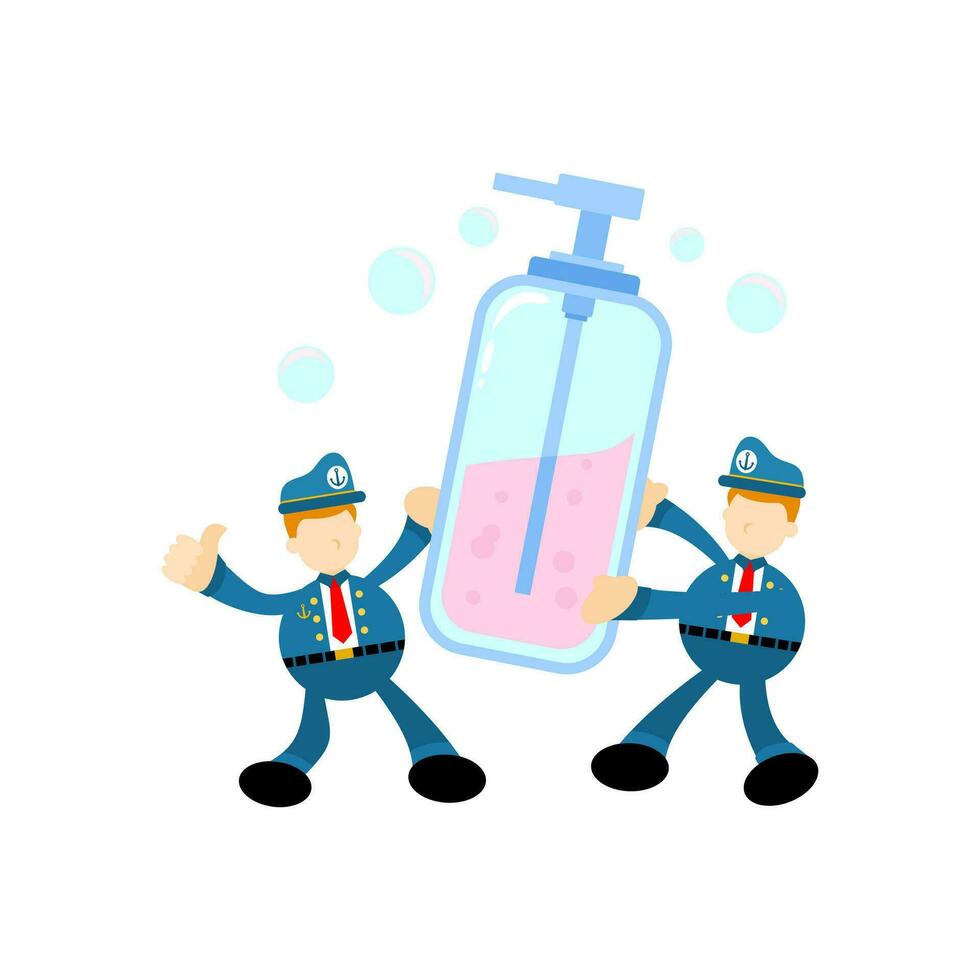 sailor and soap sanitizer hygene cartoon flat design illustration vector