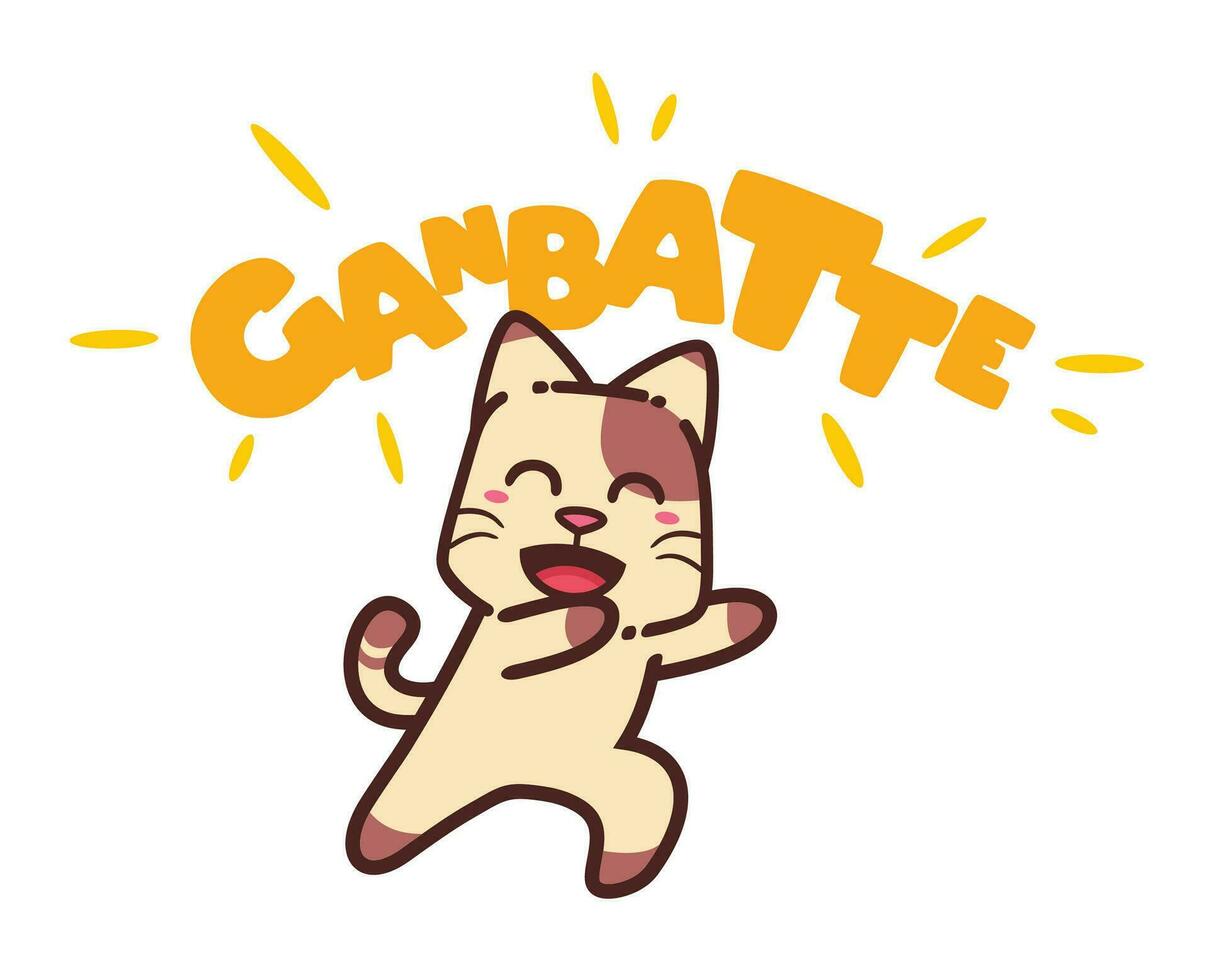 linda adorable contento marrón gato en fuego con japonés palabra encima dibujos animados garabatear vector ilustración plano diseño estilo