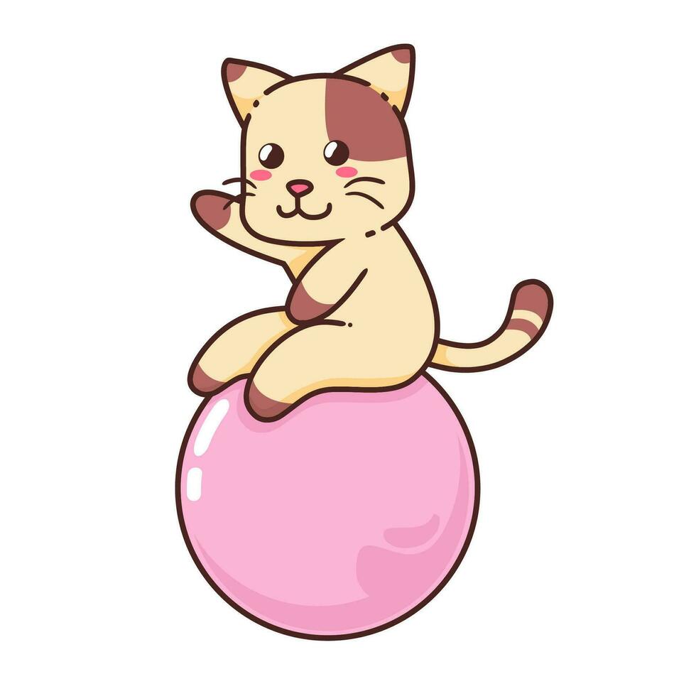 linda adorable contento marrón gato jugar grande rosado pelota dibujos animados garabatear vector ilustración plano diseño estilo