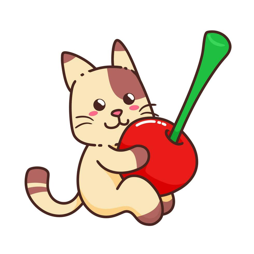 linda adorable contento marrón gato comer rojo Cereza Fruta dibujos animados garabatear vector ilustración plano diseño estilo