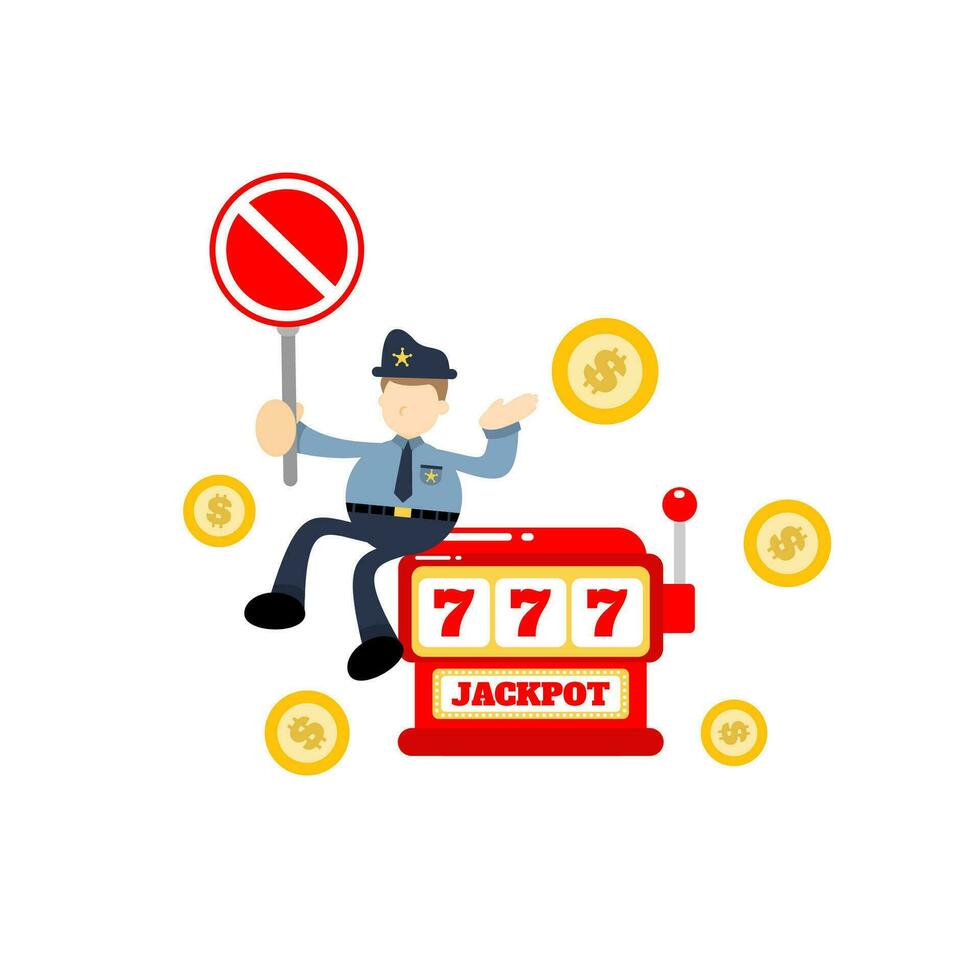 police officer use stop sign board casino slot game cartoon doodle flat design style vector illustration