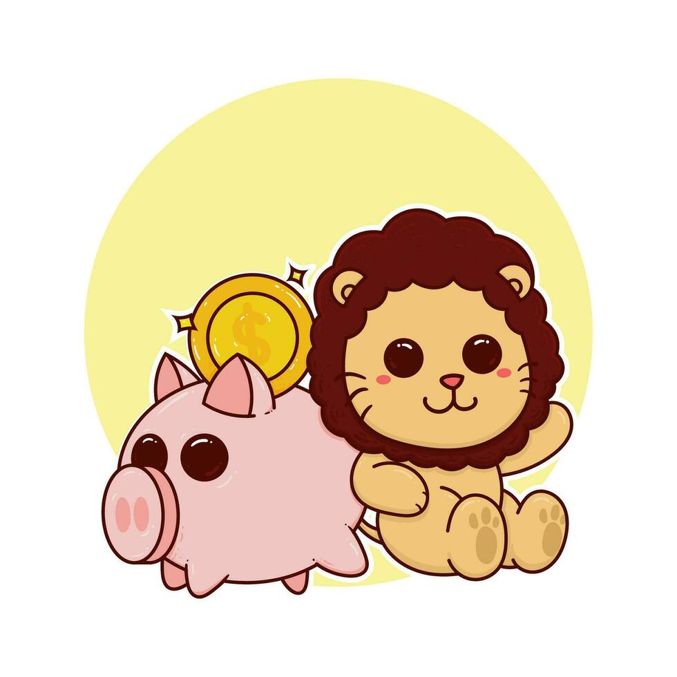 contento linda león cerdito banco dinero adorable dibujos animados garabatear vector