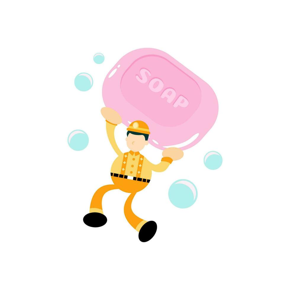 engineer and soap sanitizer hygene cartoon flat design illustration vector