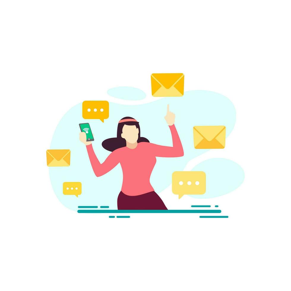 woman is sending a chat message via mobile phone people character flat design vector illustration