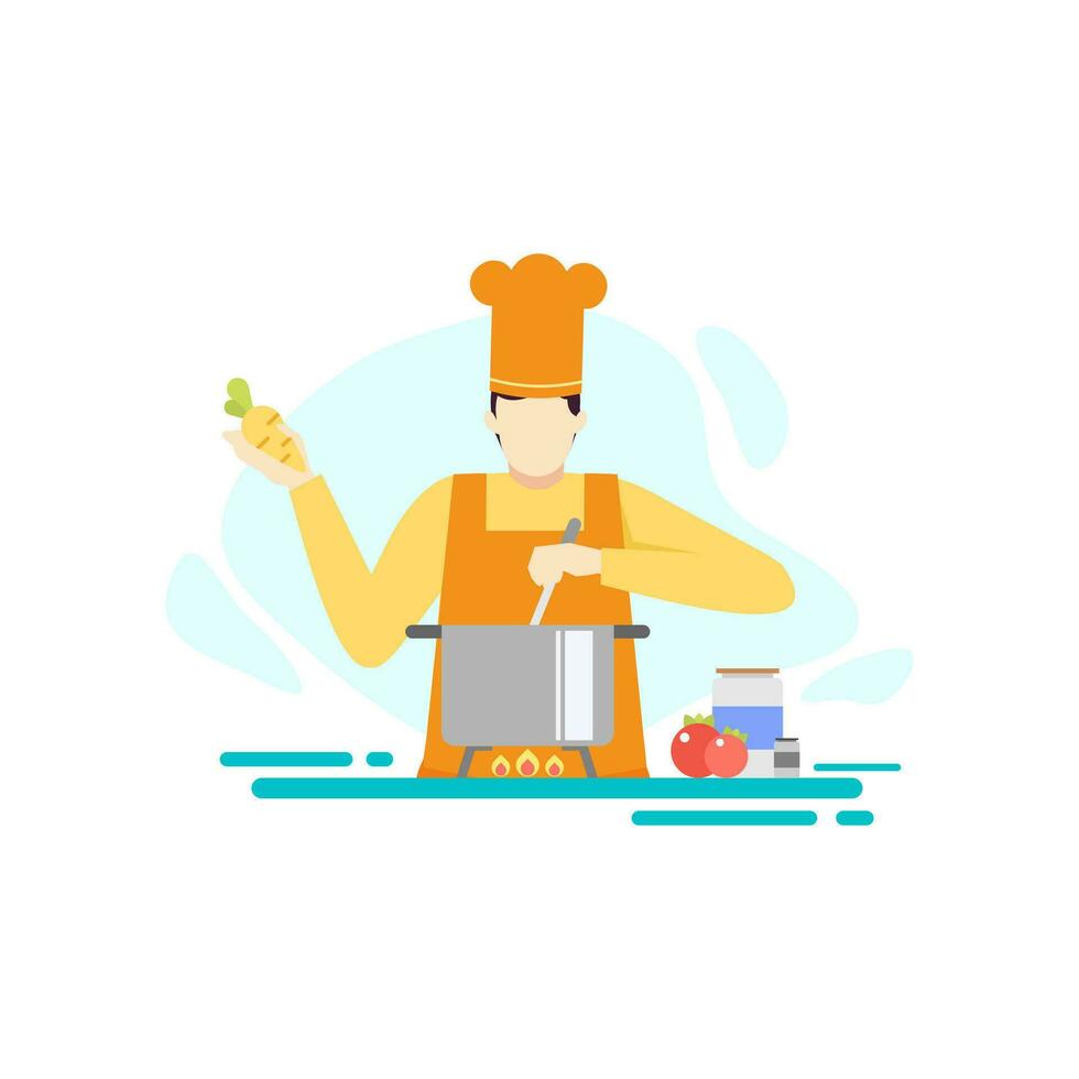 chef cook soup pot restaurant people character flat design vector illustration