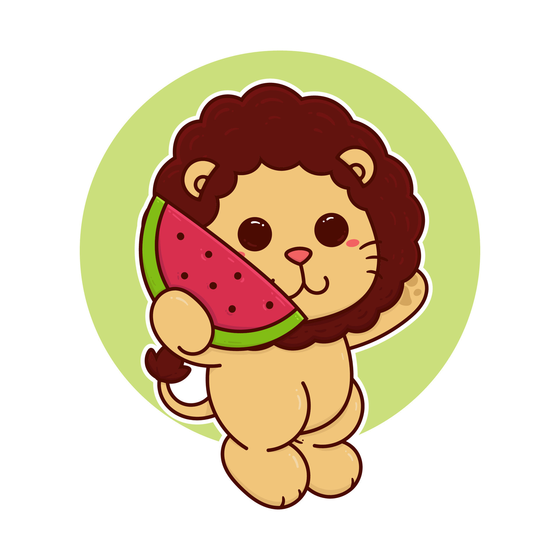 happy cute lion eat watermelon fruit adorable cartoon doodle 35300914