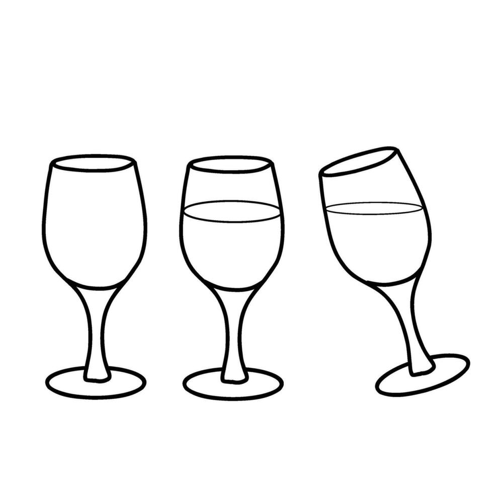 Empty and full wine glasses. Vector drawing isolated. Hand drawn illustration, line art. Alcohol beverage glassware doodle.