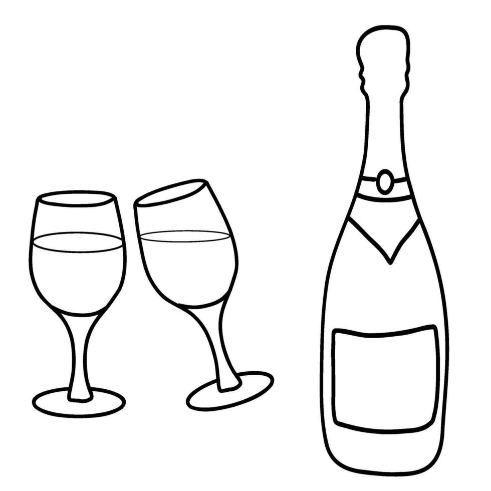 Champagne bottle and glasses in doodle style. Vector illustration. Line art.