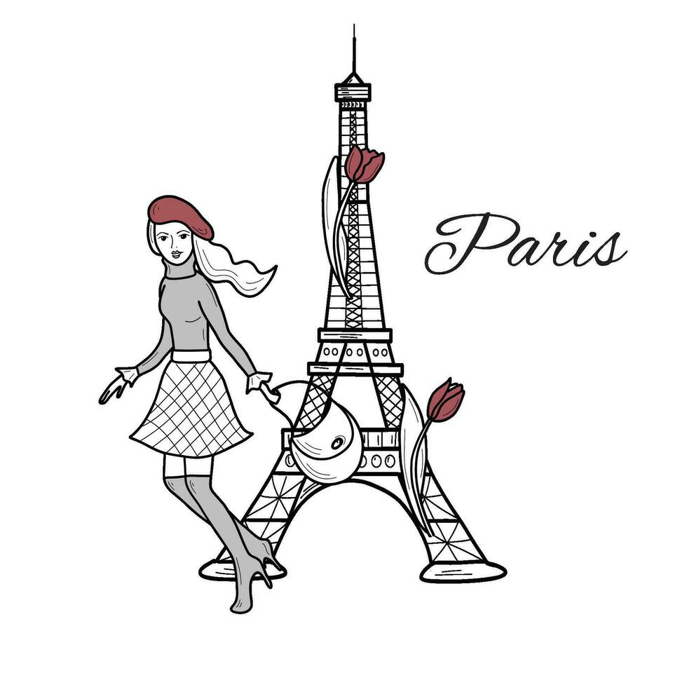 joven corriendo niña en boina con un bolso en un antecedentes con eiffel torre con tulipán flores en París. vector ilustración, línea Arte aislado.