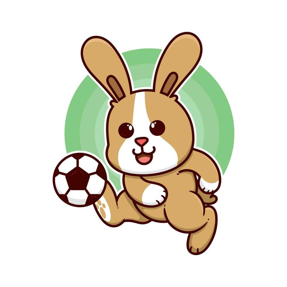 happy rabbit play football soccer adorable cartoon doodle vector illustration flat design style
