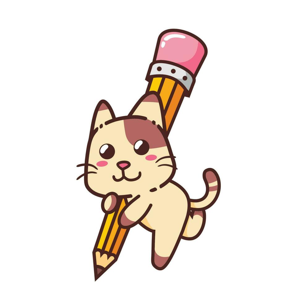 linda adorable contento marrón gato y amarillo lápiz dibujos animados garabatear vector ilustración plano diseño estilo