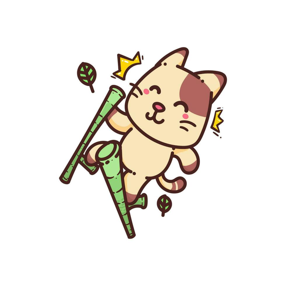 Cute Adorable Happy Brown Cat play bamboo stilts cartoon doodle vector illustration flat design style