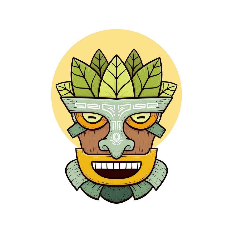 Tribal tiki masks Hawaiian totem culture vector wooden colored illustrations