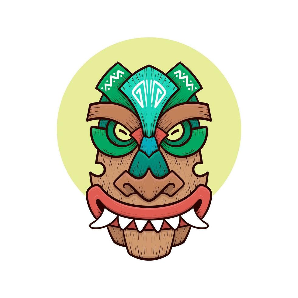 Tribal tiki masks Hawaiian totem culture vector wooden colored illustrations