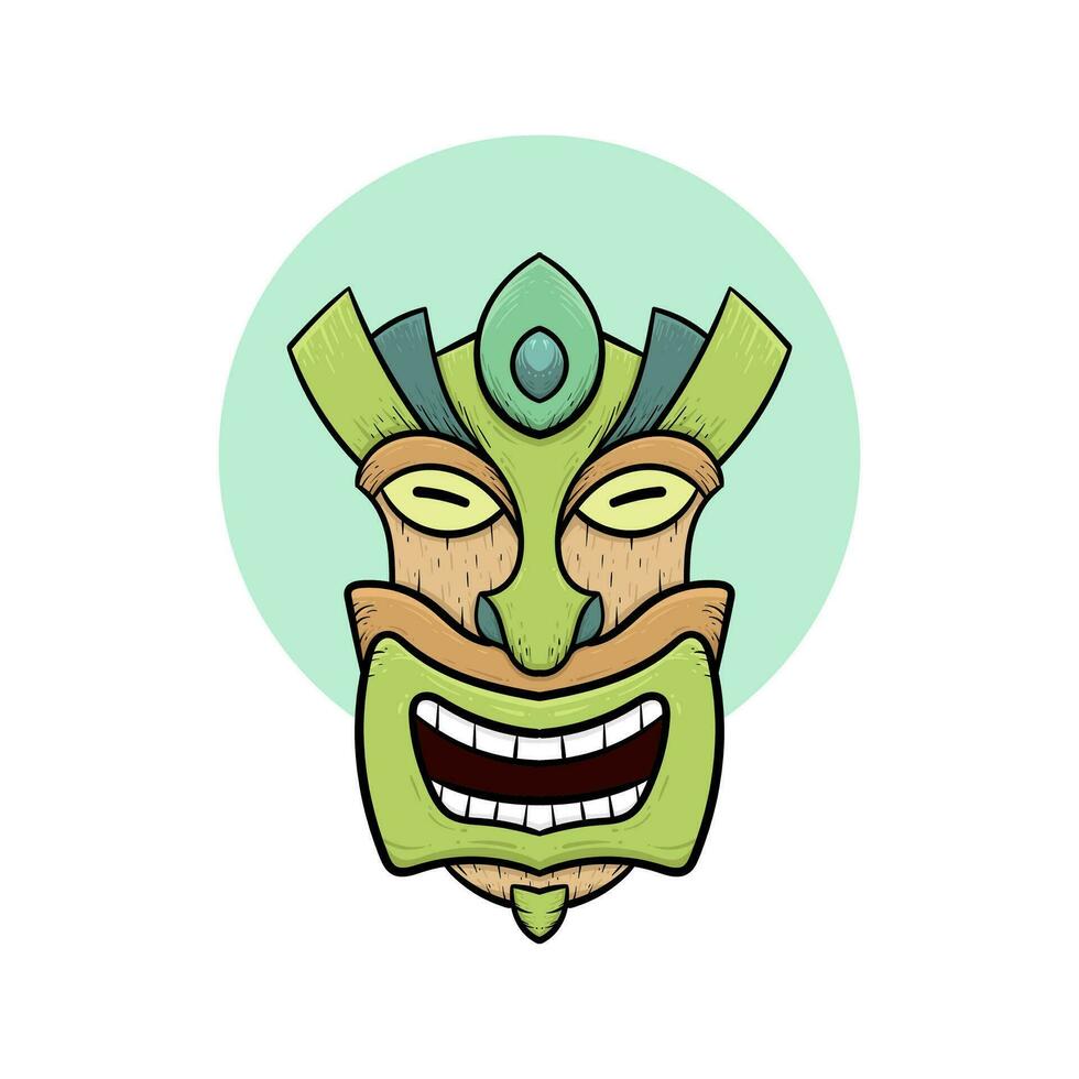 Tribal tiki masks Hawaiian totem culture vector wooden colored illustrations
