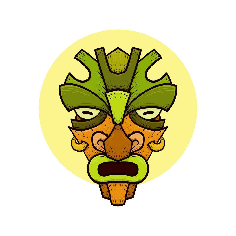 Tribal tiki masks Hawaiian totem culture vector wooden colored illustrations