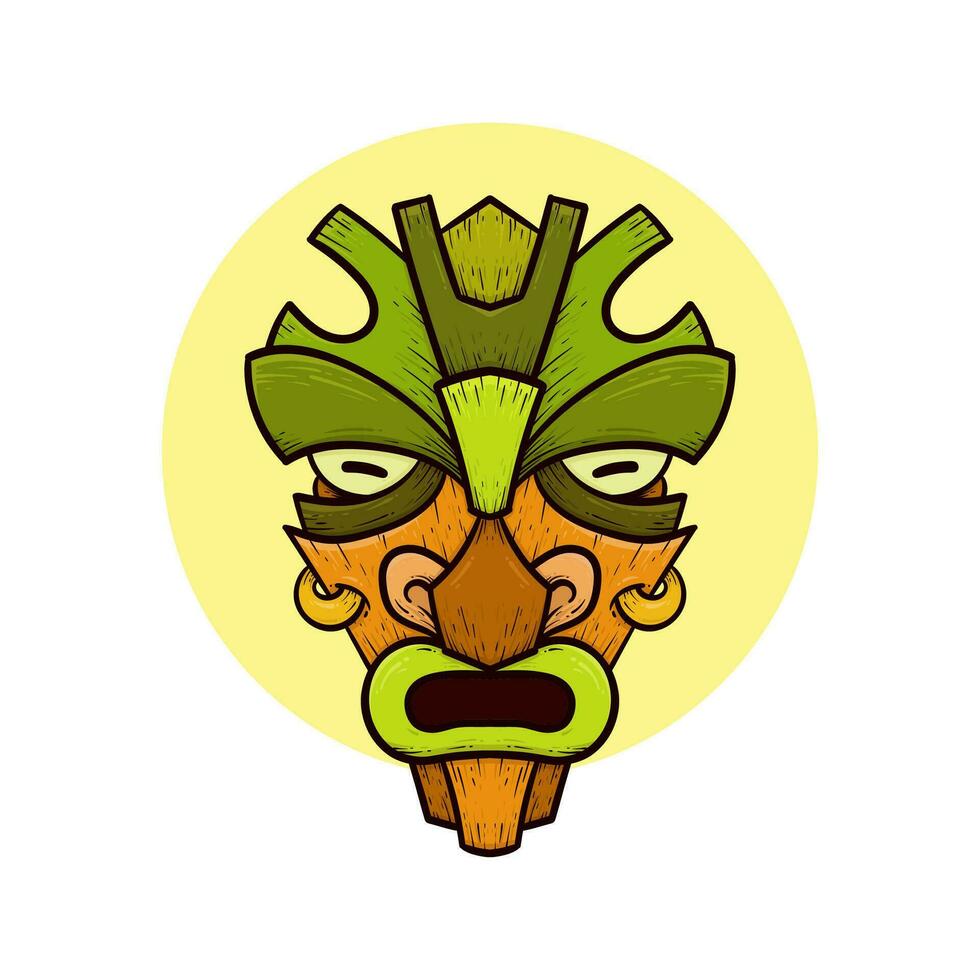 Tribal tiki masks Hawaiian totem culture vector wooden colored illustrations