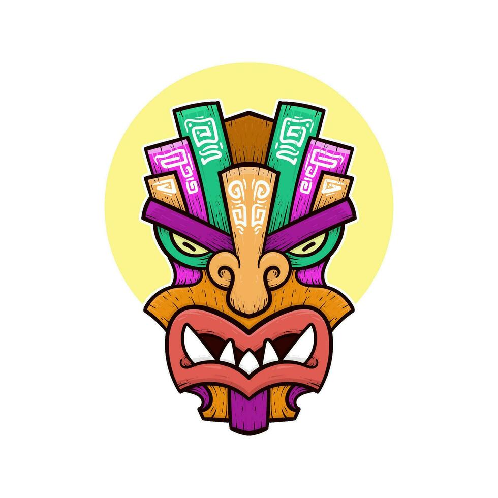 Tribal tiki masks Hawaiian totem culture vector wooden colored illustrations