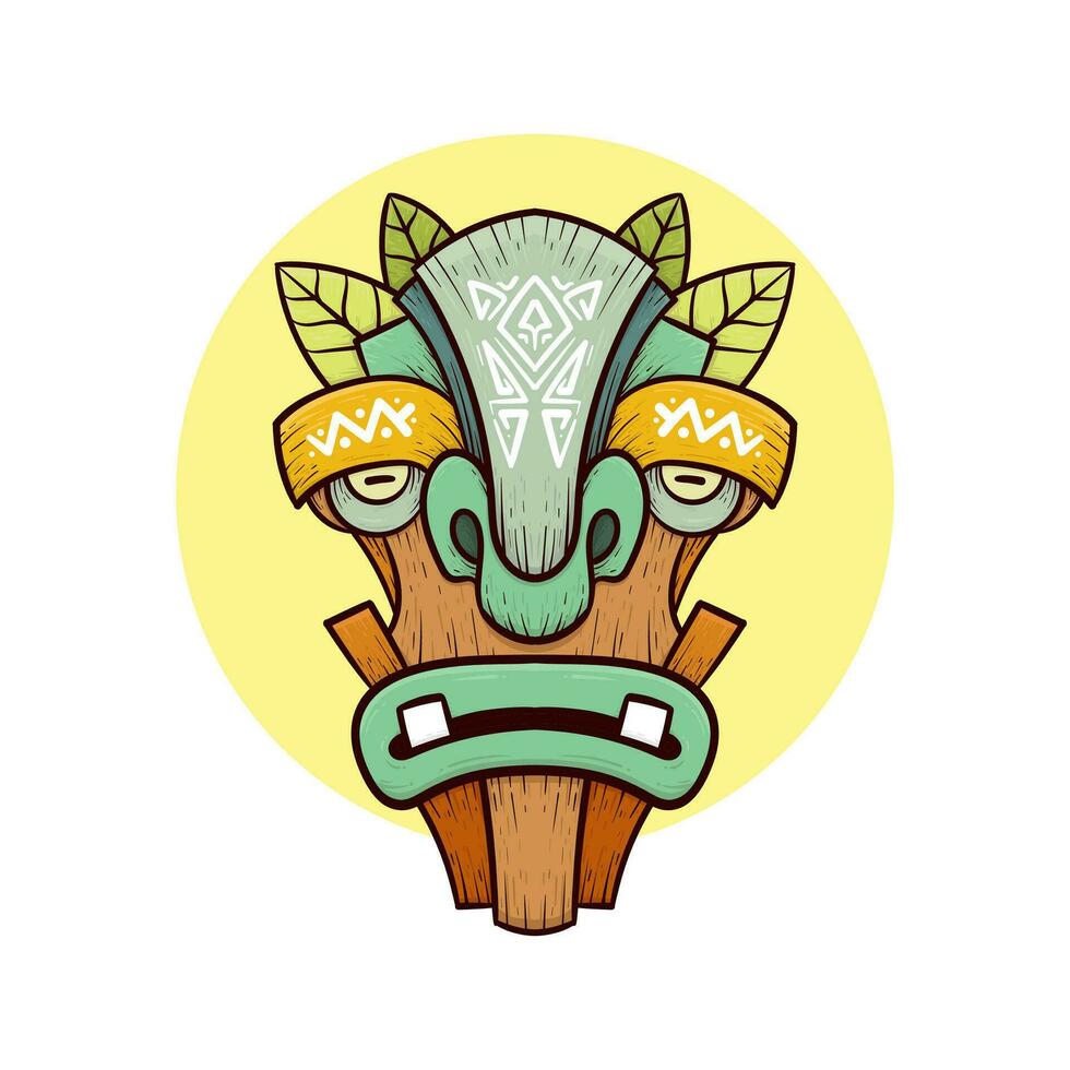 Tribal tiki masks Hawaiian totem culture vector wooden colored illustrations