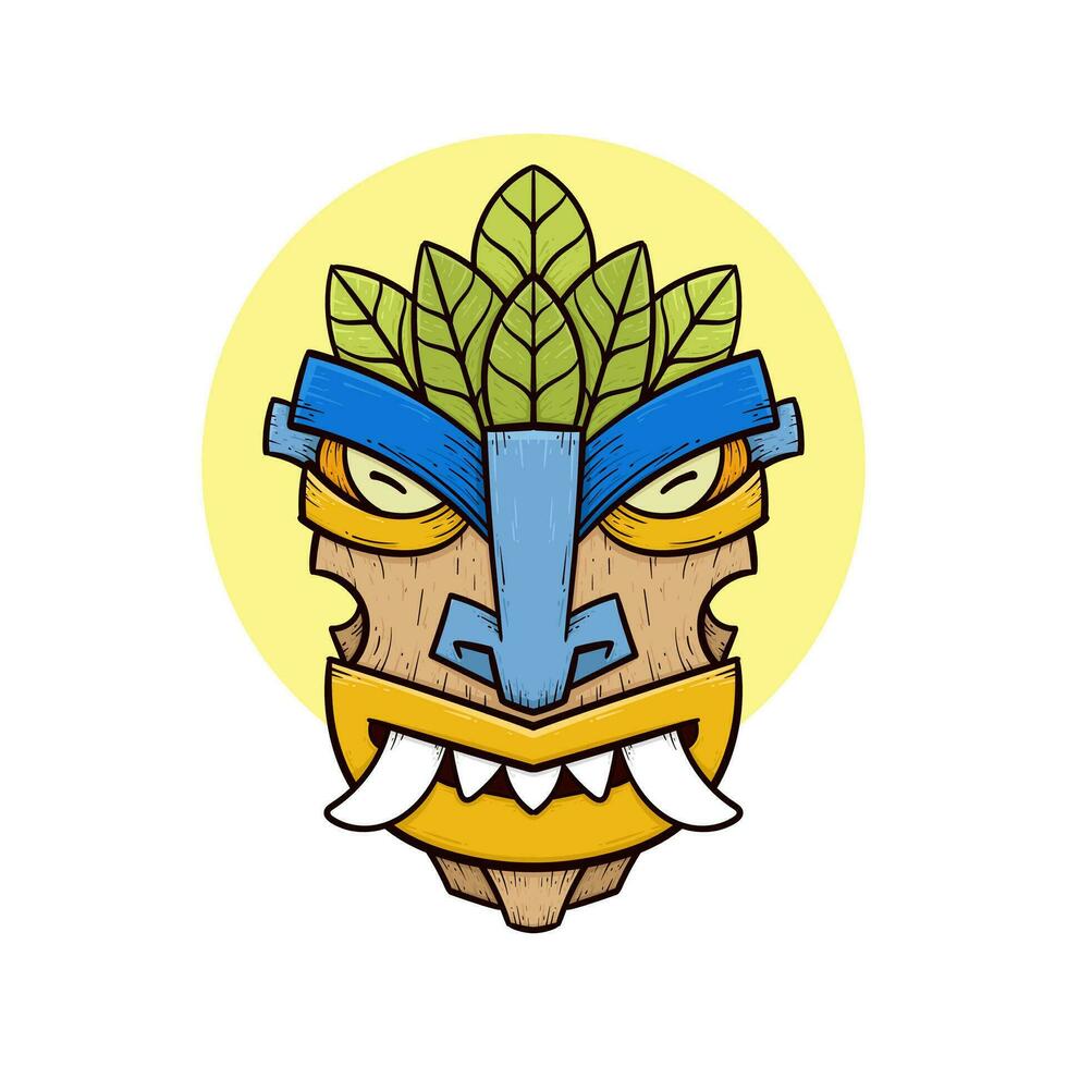 Tribal tiki masks Hawaiian totem culture vector wooden colored illustrations
